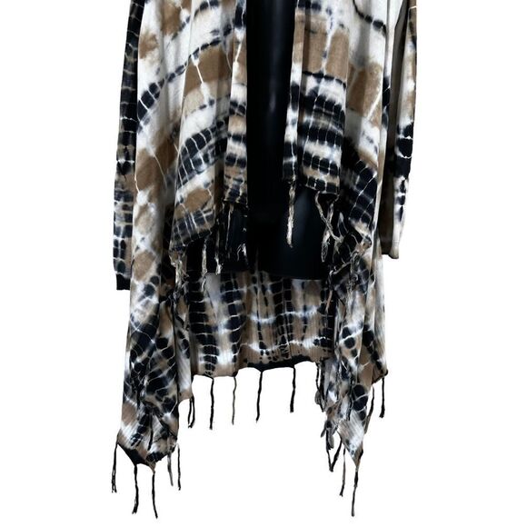 Soft Surroundings Tan Black Tie Die Fringe Open Front Drape Cardigan - Picture 3 of 8